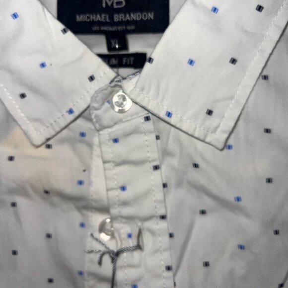 NWT Michael Brandon Men XL White Blue Short‎ Sleeve Button Up Slim Fit Shirt (M) - Picture 4 of 6